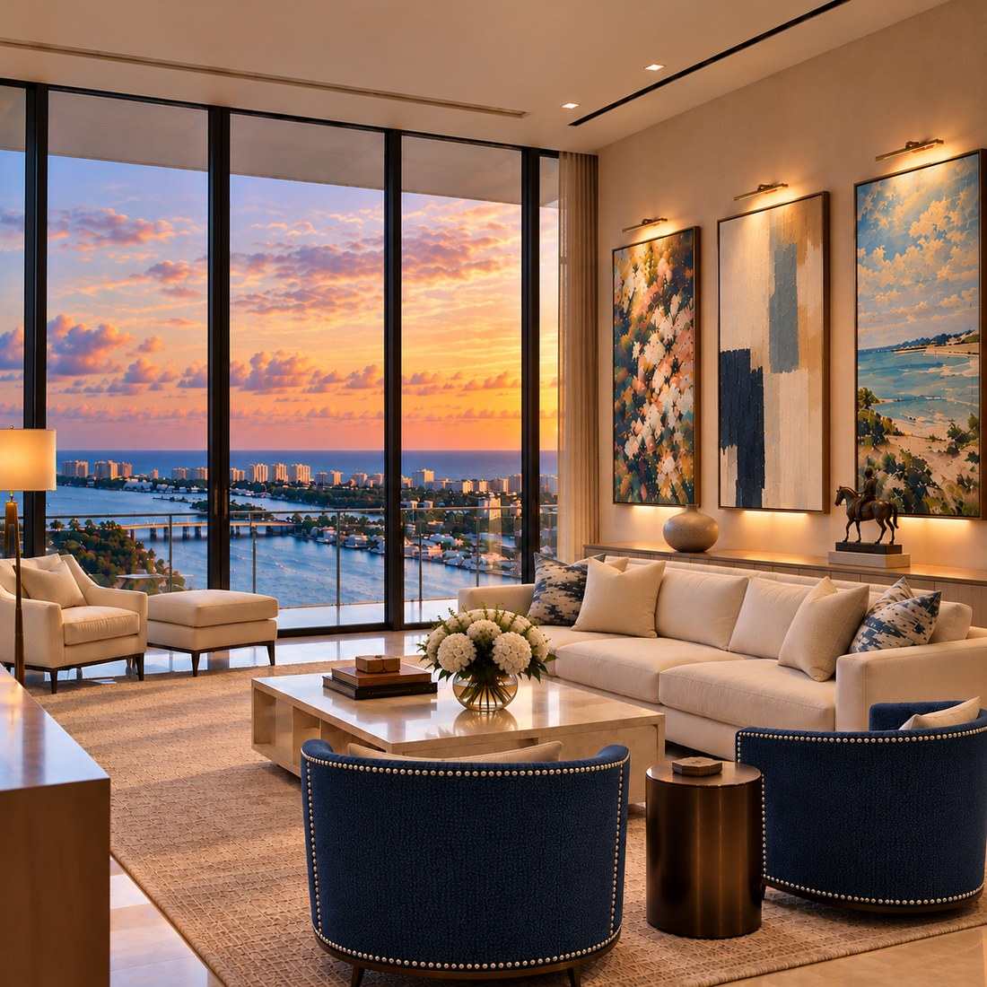 Penthouse living room at sunset with three large paintings and a view of the water