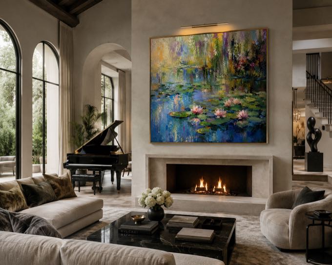 Living room with a fine art collection over the fireplace