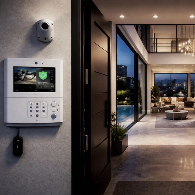 Home security panel and camera at a residence entrance